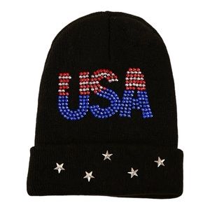🇺🇸USA Blingy Red White & Blue Rhinestones & Silver Stars Super Soft Knit Hat!